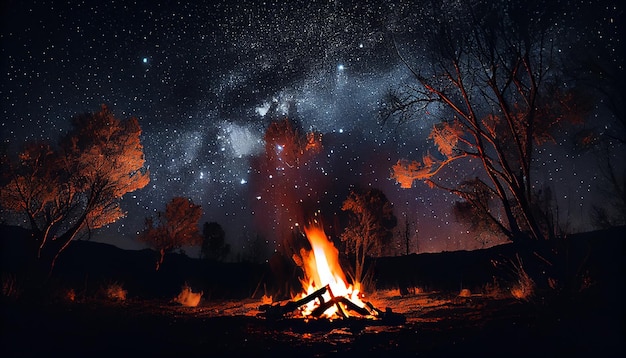 O fogo noturno ilumina a fogueira da natureza no escuro ao ar livre gerado pela IA