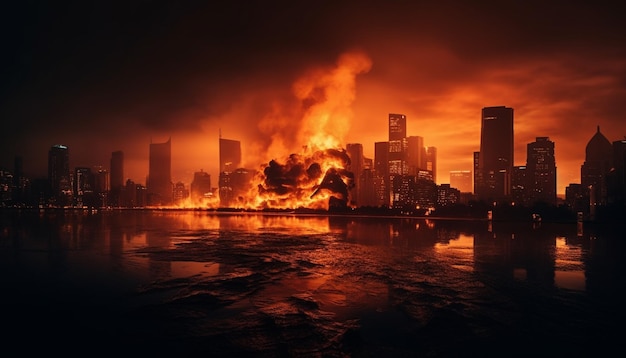 O horizonte brilhante da cidade reflete na água ardente gerada pela IA