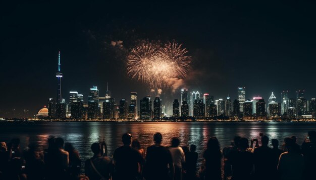 O horizonte iluminado da cidade inflama a celebração com fogos de artifício gerados por IA