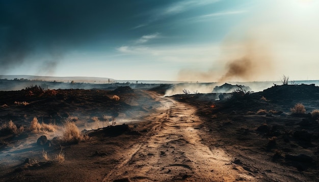 O incêndio florestal em chamas destrói o ambiente natural e a paisagem gerada pela ia