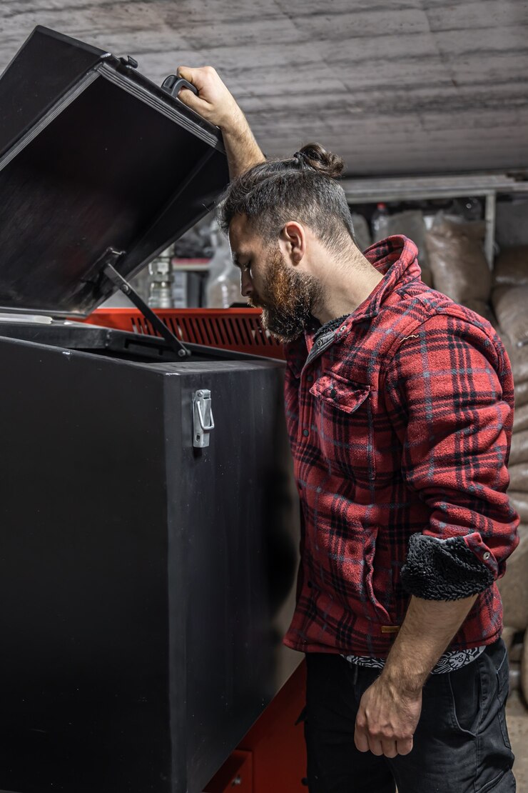 Foto grátis o jovem olhando para uma caldeira de combustível sólido, trabalhando com biocombustíveis, aquecimento econômico.