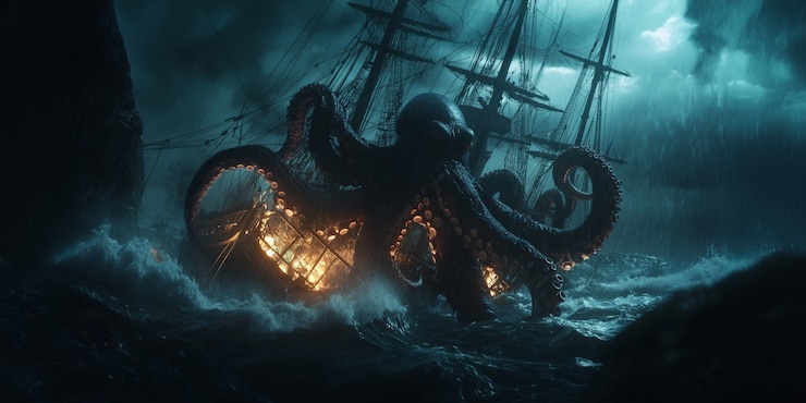 Foto grátis o kraken gigante ressurge do oceano.