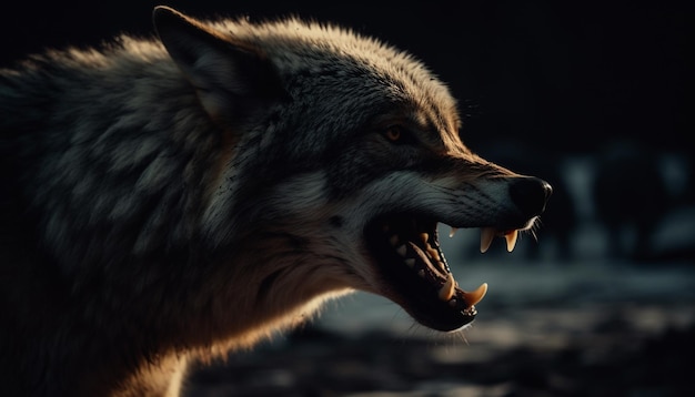 O lobo cinzento rosna defendendo o território na escuridão gerada pela IA