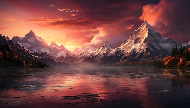 O majestoso pico da montanha reflete na beleza natural da água tranquila gerada pela inteligência artificial