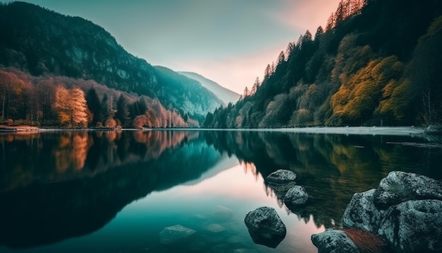 O majestoso pico da montanha reflete o tranquilo pôr do sol de outono gerado pela IA