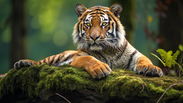 O majestoso tigre de bengala descansando numa rocha coberta de musgo no coração da selva