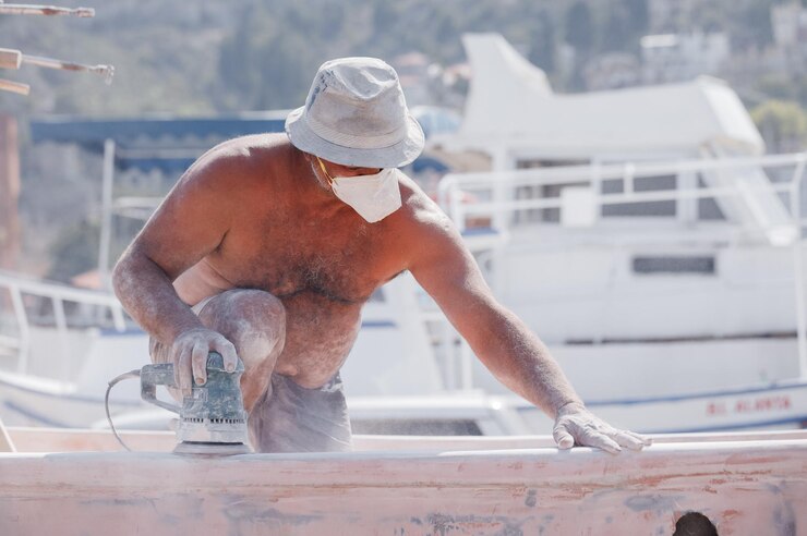 Foto grátis o mestre restaura o iate em marinha