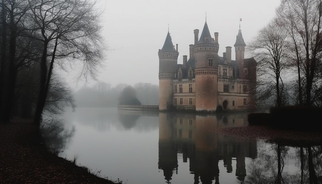 O monumento de estilo gótico refletido na tranquila lagoa de outono gerada pela IA