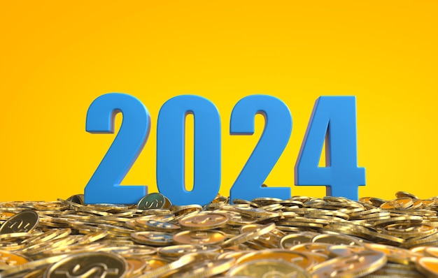 O número 2024 sobe da pilha de moedas de ouro o conceito de negócio