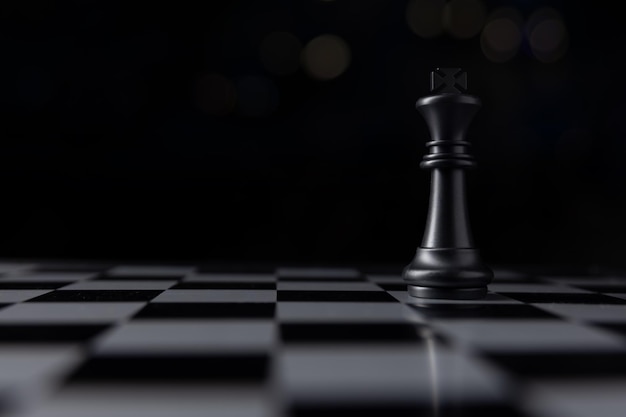 O papel do rei peça de xadrez de liderança e empresário confiante em pé, o papel do líder desempenha o papel de homem-chave e leva ao sucesso e luta no inimigo de negócios escuro e preto