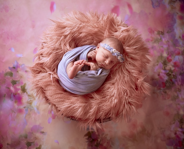 Foto grátis o pequeno bebê encontra-se no cesto com manta