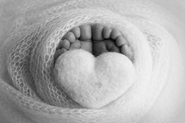 O pezinho de um bebê recém-nascido pés macios de um recém-nascido em um cobertor de lã close-up dos calcanhares e pés de um recém-nascido coração de malha nas pernas do bebê macrofotografia preto e branco Foto Premium