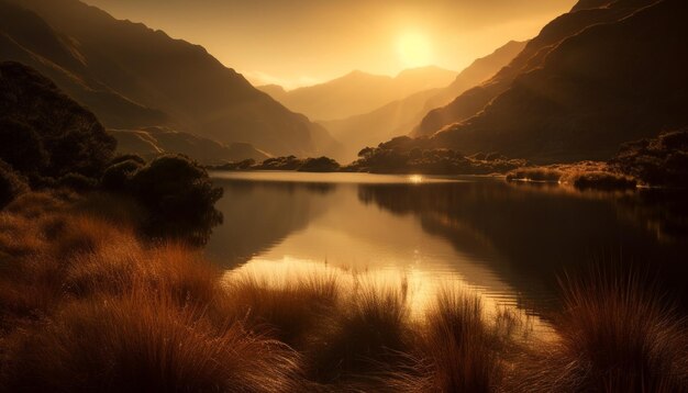 O pico da montanha reflete a beleza tranquila do pôr do sol na natureza gerada pela IA