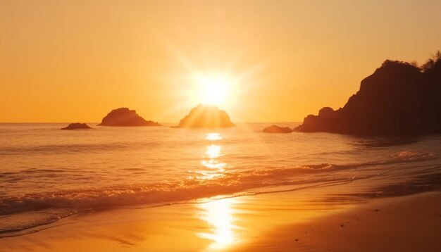 O pôr do sol dourado reflete nas tranquilas águas tropicais umas férias serenas geradas pela IA