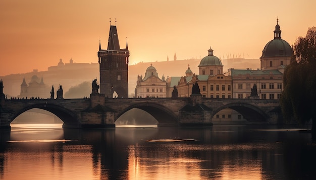 O pôr do sol ilumina a arquitetura gótica refletindo na água gerada pela ia