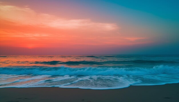 O pôr do sol laranja reflete na água azul tranquila gerada pela IA