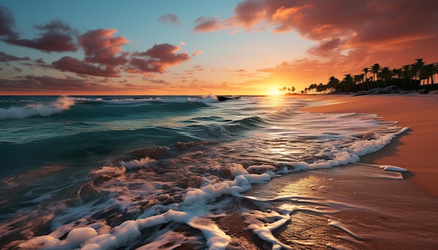 O pôr-do-sol sobre a costa, as ondas batem nas praias de areia geradas pela inteligência artificial.