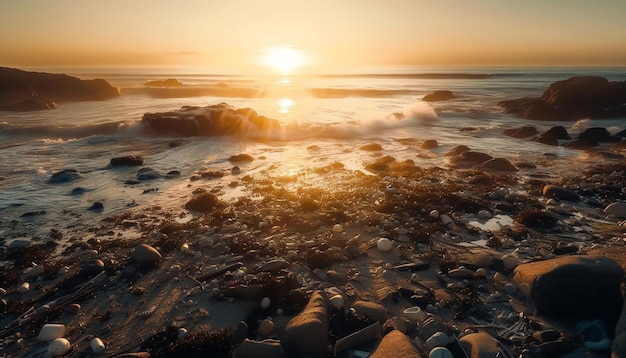 Foto grátis o pôr do sol sobre a onda da costa rochosa cai suavemente gerada pela ia