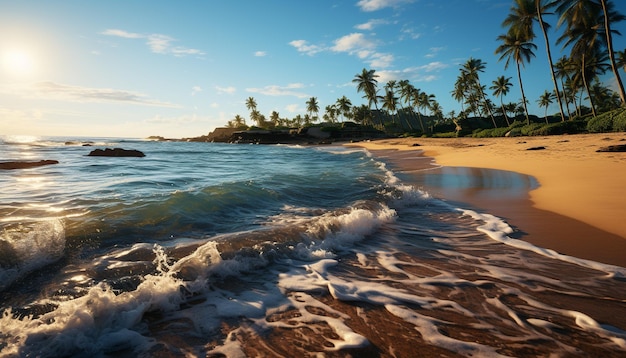 Foto grátis o pôr-do-sol sobre uma costa tropical, as ondas batem em praias de areia geradas por inteligência artificial.