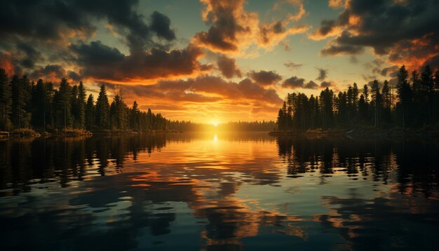 O pôr do sol tranquilo da cena reflete nas cores vibrantes da água na natureza geradas pela inteligência artificial