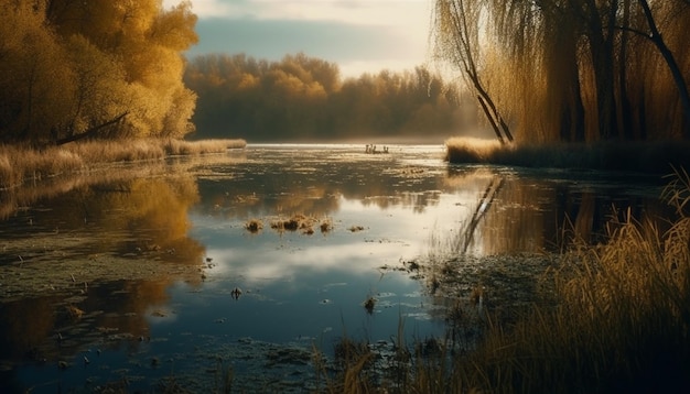 Foto grátis o pôr do sol tranquilo do outono reflete na superfície da lagoa gerada pela ia