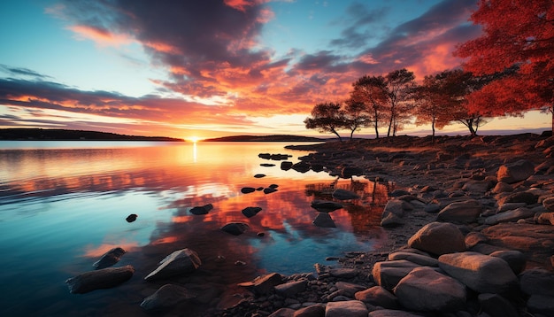 Foto grátis o pôr-do-sol tranquilo reflete sobre a beleza da natureza aquática no crepúsculo gerada pela inteligência artificial