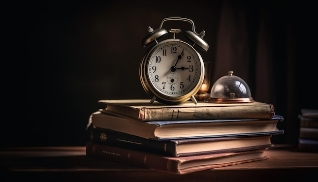 O relógio antiquado na mesa antiga lembra o estudo gerado pela IA