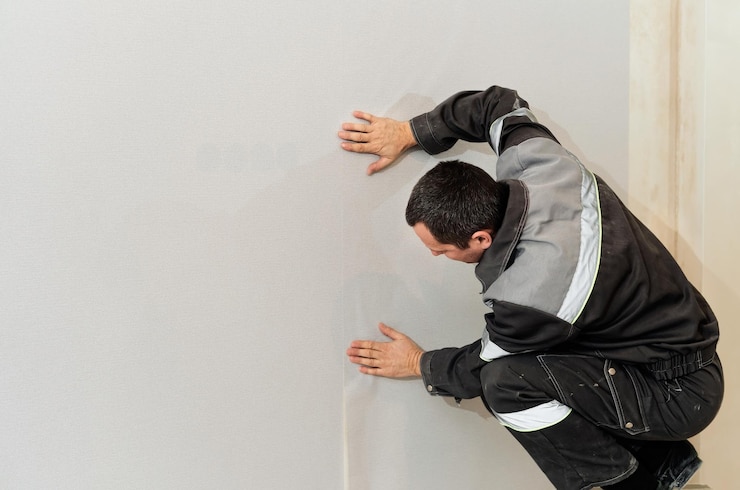 Foto grátis o reparador de parede está terminando o papel de parede à esquerda, há um lugar para uma inscrição papel de parede em casa conceito de restauração em casa