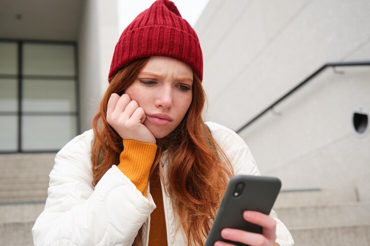 Foto grátis o retrato da menina ruiva triste parece chateado e desapontado com a tela do smartphone, lê o texto de más notícias m