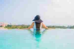 Foto grátis o retrato feliz asiático novo bonito da mulher relaxa em torno da piscina exterior no recurso do hotel