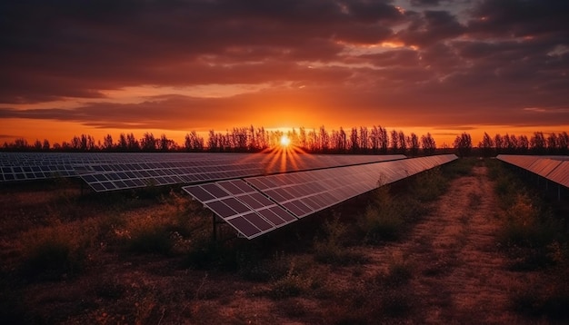 Foto grátis o sol se põe na paisagem futurista de energia renovável gerada por ia