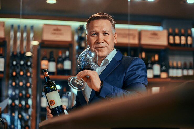 Foto grátis o sommelier de vinhos elegante e pensativo está pronto para experimentar um novo vinho tinto na boutique de vinhos artesanais.