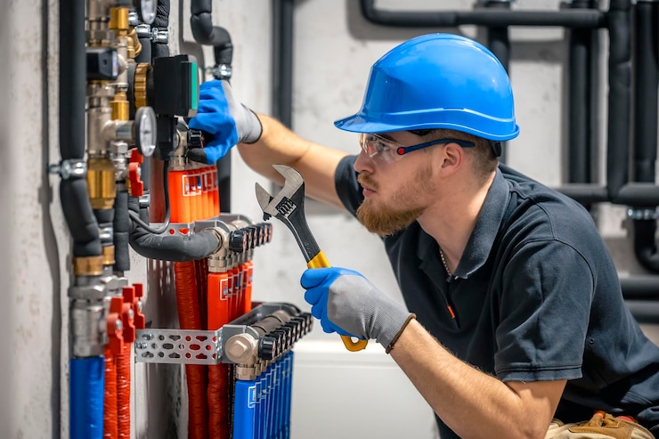 Foto grátis o técnico a verificar o sistema de aquecimento na sala da caldeira
