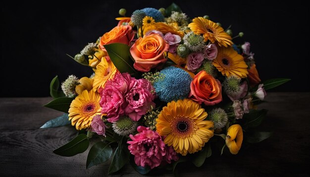 O vaso contém um buquê colorido de lindas flores geradas por IA