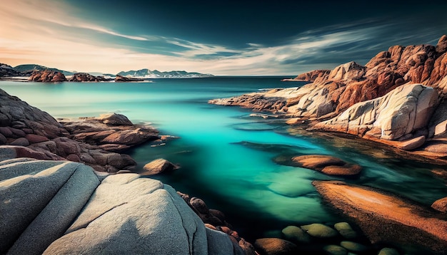 Objetos de rocha natural enquadram uma IA generativa de paisagem aquática tranquila