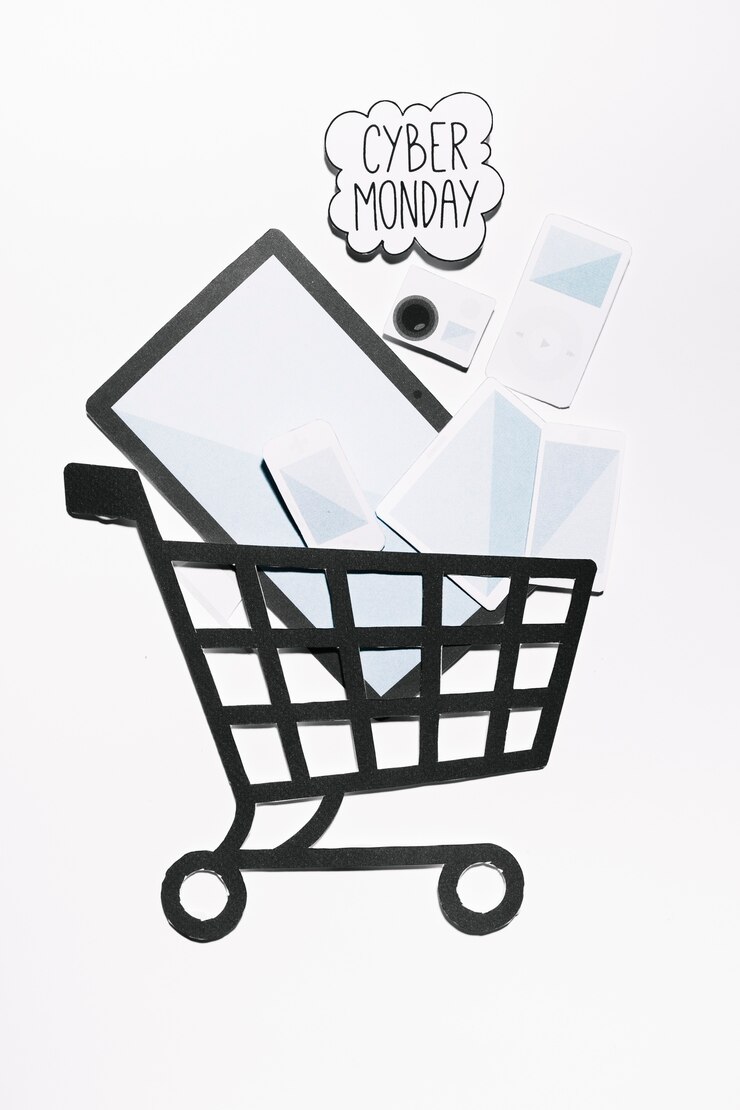Foto grátis oferta cyber ​​monday na nuvem e dispositivos com carrinho de compras