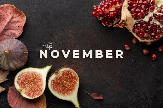 Olá composição de novembro com figos e romã