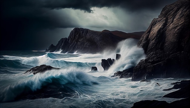 Foto grátis onda quebrando contra majestosa formação de rocha molhada ia generativa