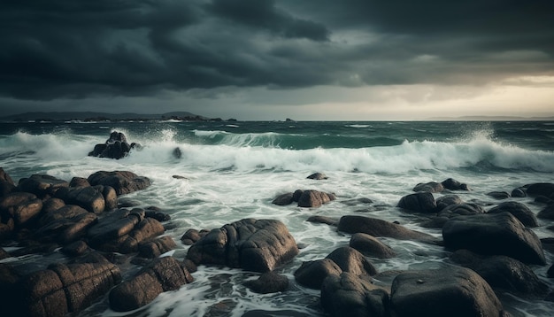 Foto grátis ondas quebrando contra a costa rochosa ao entardecer geradas por ia