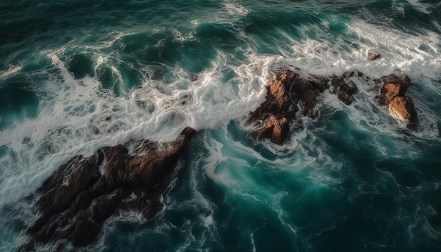 Foto grátis ondas quebrando contra o litoral rochoso espirrando espuma gerada por ia