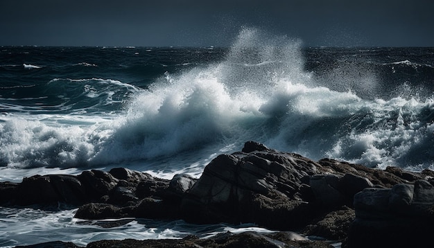 Ondas quebrando espalham espuma na costa rochosa gerada por IA