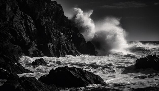 Ondas quebrando espalham espuma na costa rochosa gerada por IA