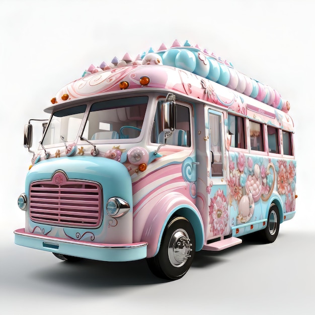 Foto grátis Ônibus retro rosa em fundo branco ilustração de renderização 3d