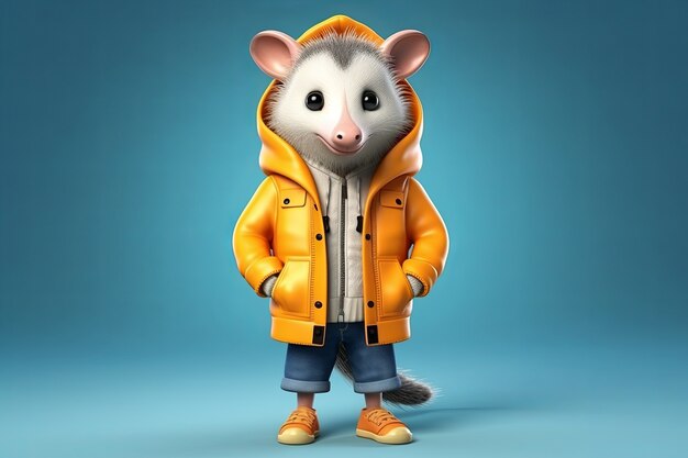 Opossum bonito com roupa bonita no estúdio