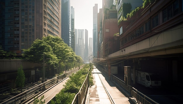 Os arranha-céus modernos definem a arquitetura futurista da cidade gerada pela inteligência artificial