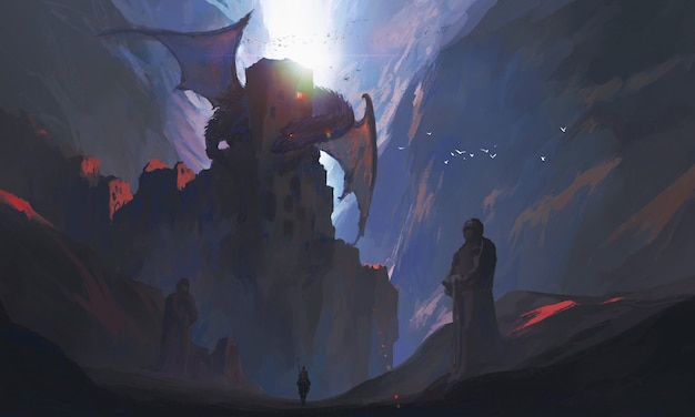 Os cavaleiros no desfiladeiro desafiam o dragão, pintura digital.