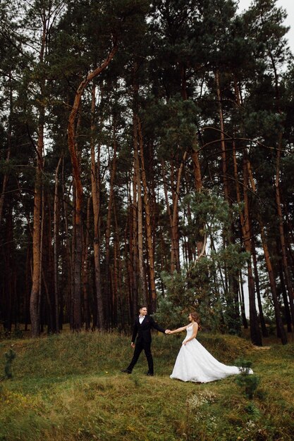 Os noivos correm por uma floresta Sessão de fotos de casamento