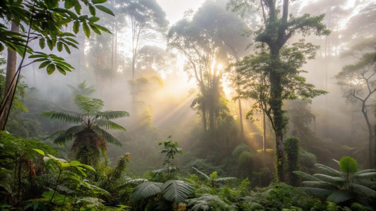 Foto grátis os raios do sol atravessam o dossel nebuloso da floresta tropical