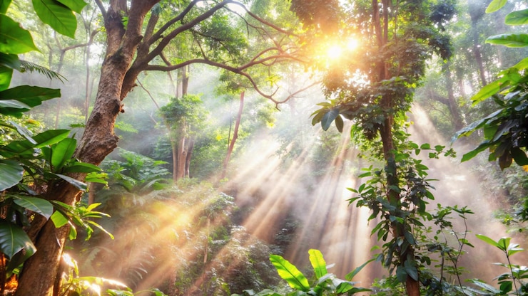 Foto grátis os raios do sol iluminam uma floresta tropical exuberante com névoa