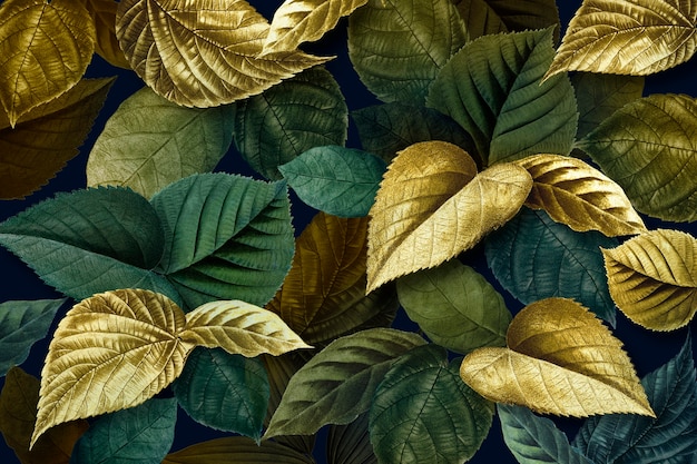 Ouro metálico e folhas verdes com fundo texturizado